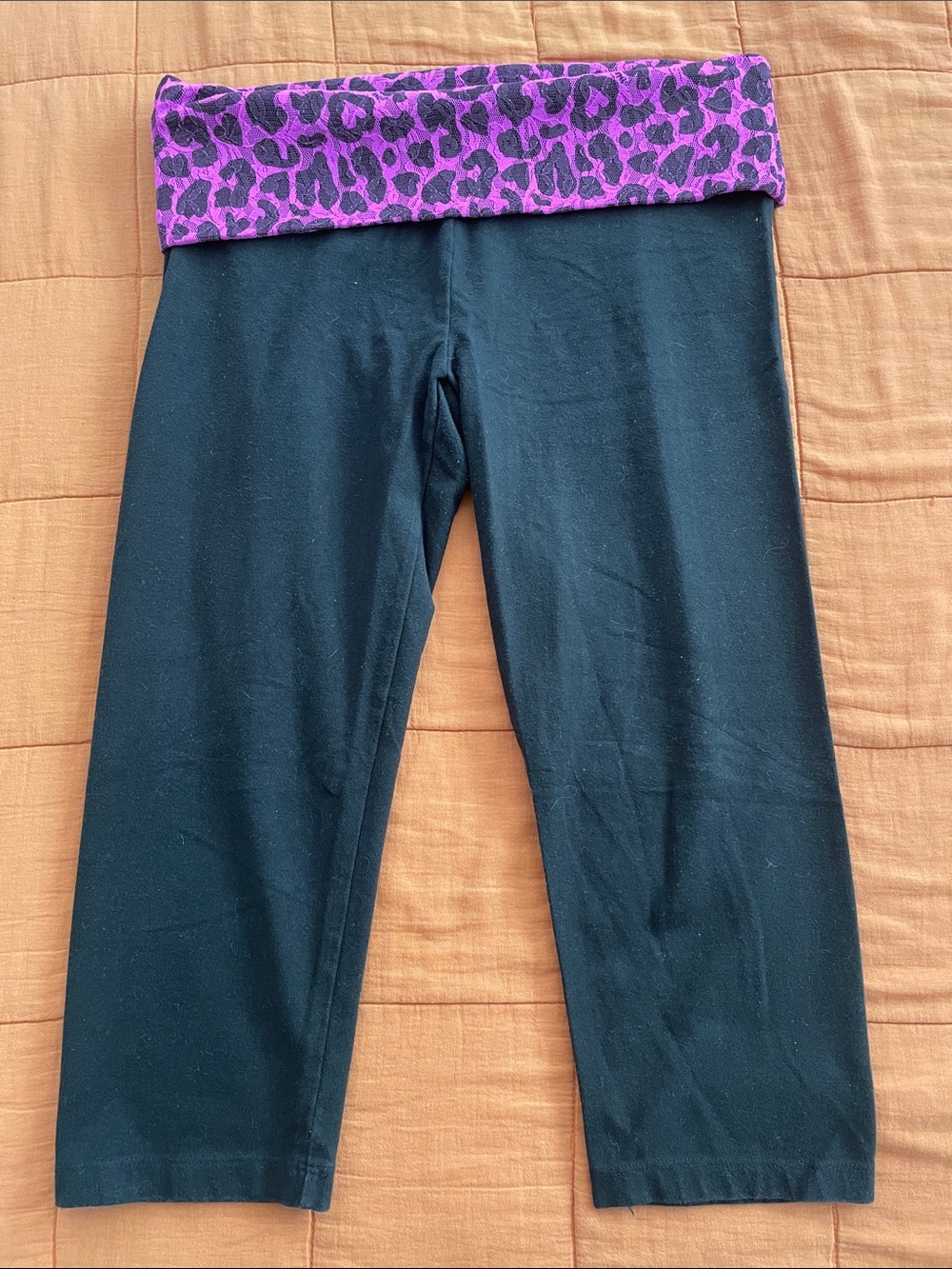 PINK Victoria's Secret Black Capris with Purple Leopard Fold-Over Waistband